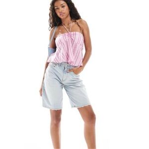 Bershka Pink Striped Top and Light Blue Jean Shorts